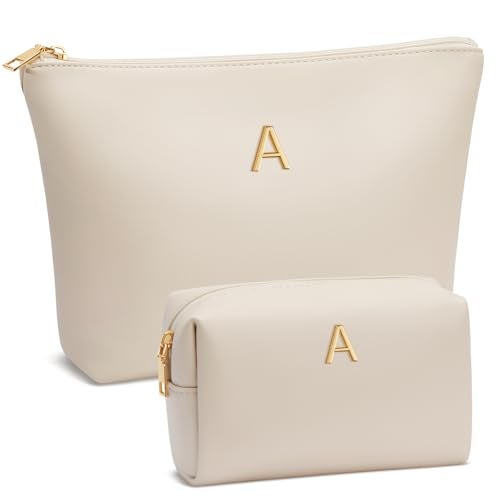 CLOUDWINGS Women Gifts  Initial Makeup Bag Set for Girl Personalized Gifts for Bridesmaid Friend Graduation Teachers PU Leather Cosmetic Travel Toiletry BagBeigeA